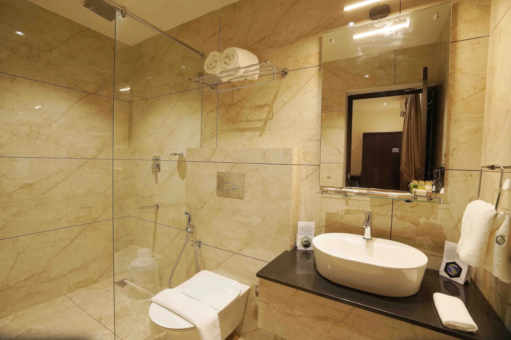 Bathroom with a glass-walled rain shower, wall-hung toilet and vessel basin